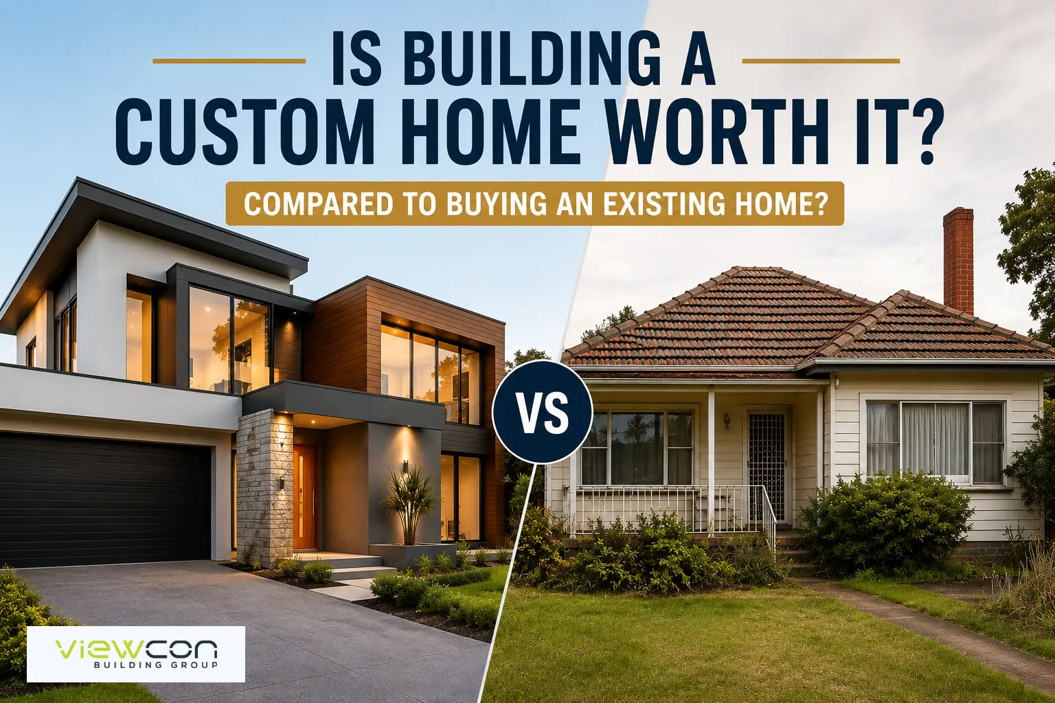 Is Building a Custom Home Worth It? Comparison image showing a modern custom-built home versus an existing house, highlighting the benefits and considerations of building a custom home compared to buying an established property.